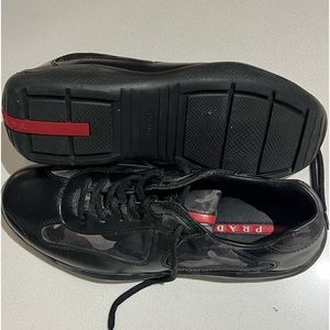 Prada Womens Leather & Nylon Sneakers Black Camo LaceUp Size 8